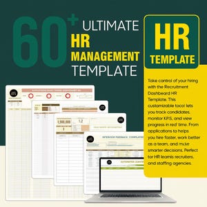 Könnte beinhalten: Eine HR-Management-Vorlage mit dem Text "60+ Ultimate HR Management Template" in Grün und Weiß. Das Bild enthält einen Laptop und mehrere Dokumente mit Datentabellen. Der Text "HR Template" befindet sich in einem gelben Feld.