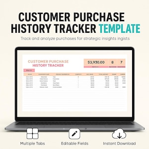 Può includere: Un laptop che mostra un modello di monitoraggio della cronologia degli acquisti dei clienti. Lo schermo mostra un foglio di calcolo con dati, incluso un importo totale di €3.930,00. Il modello include più schede, campi modificabili e download immediato.