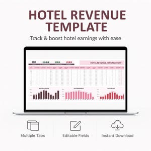 Könnte beinhalten: Ein Laptop-Bildschirm zeigt eine Hotelumsatzvorlage mit Diagrammen und Daten. Der Text "HOTEL REVENUE TEMPLATE" steht oben, darunter "Track & boost hotel earnings with ease". Symbole zeigen mehrere Registerkarten, bearbeitbare Felder und sofortigen Download an.