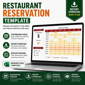 May include: A laptop displaying a restaurant reservation template with a weekly schedule grid, total reservation count, and upcoming booking details. The screen shows columns for days of the week and rows for time slots, with color-coded availability status.