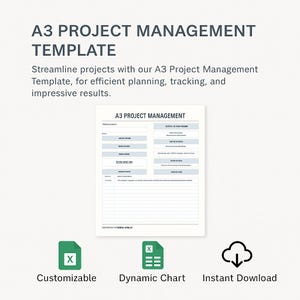 A3 Project Management Template Excel | Lean Six Sigma A3 Report, Problem Solving Sheet, Business Improvement Tool, Instant Digital Download