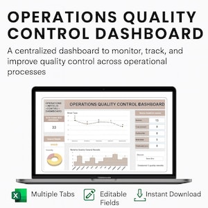 May include: A laptop displaying an "OPERATIONS QUALITY CONTROL DASHBOARD" with charts and data. The screen shows graphs, tables, and the text "Multiple Tabs", "Editable Fields", and "Instant Download".