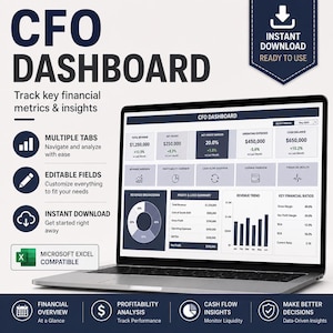 CFO-instrumentpanel Excel och Google Sheets, finansiella nyckeltalrapporter, budget kontra utfall, kassaflöde, resultat och förlust, ekonomiinstrumentpanel för chefer