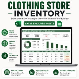 May include: A digital clothing store inventory calculator spreadsheet for Excel and Google Sheets displayed on a laptop screen. The interface features a dashboard with total products, stock quantity, low stock items, out of stock items, and total value.
