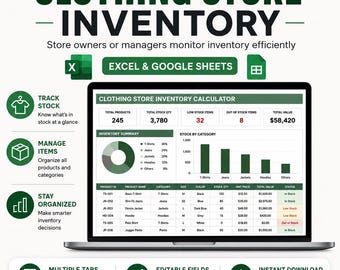 Plantilla de inventario para tiendas de ropa / Rastreador de existencias de prendas en Excel y Google Sheets / Hoja de inventario para boutiques / Herramienta de gestión de existencias para tiendas minoristas