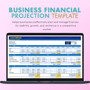 May include: A laptop displays a business financial projection template. The screen shows a detailed spreadsheet with financial data, including rows and columns for various metrics. The text at the top reads "BUSINESS FINANCIAL PROJECTION TEMPLATE".