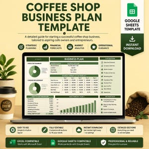Könnte beinhalten: Eine digitale Businessplan-Vorlage für ein Café auf einem Laptop-Bildschirm mit Abschnitten für Zusammenfassung, Finanzprognosen und Marktanalyse. Die Benutzeroberfläche verwendet ein grünes und cremefarbenes Farbschema mit Diagrammen.