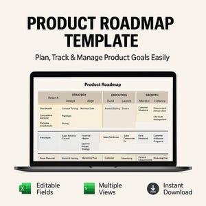 Könnte beinhalten: Ein Laptop zeigt eine "Produkt-Roadmap-Vorlage" mit Abschnitten für Recherche, Strategie, Ausführung und Wachstum. Der Bildschirm zeigt ein detailliertes Produktplanungsdokument. Symbole zeigen editierbare Felder, mehrere Ansichten und sofortigen Download an.
