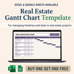 Puede incluir: Un portátil muestra una plantilla de diagrama de Gantt de bienes raíces. La pantalla muestra una línea de tiempo del proyecto con tareas y plazos. El texto superior dice "EXCEL & GOOGLE SHEETS AVAILABLE" y "Real Estate Gantt Chart Template". Abajo, un botón dice "BUY ONE GET ONE FREE".