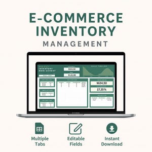 May include: A laptop displaying an e-commerce inventory management dashboard. The screen shows data tables and charts with financial figures. The image includes the text "E-COMMERCE INVENTORY MANAGEMENT", "Multiple Tabs", "Editable Fields", and "Instant Download".