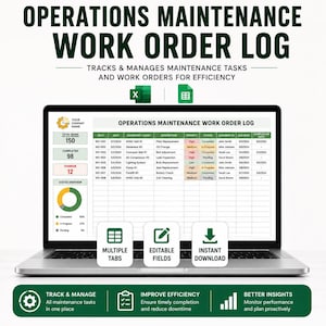 Plantilla de registro de órdenes de trabajo de mantenimiento operativo • Excel y Google Sheets • Rastreador de órdenes de trabajo • Panel de mantenimiento • Herramienta de servicio operativo