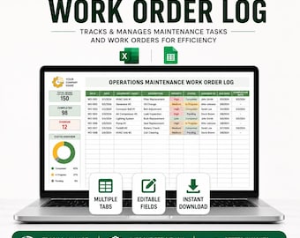 Plantilla de registro de órdenes de trabajo de mantenimiento operativo • Excel y Google Sheets • Rastreador de órdenes de trabajo • Panel de mantenimiento • Herramienta de servicio operativo