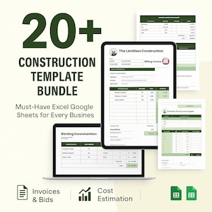 May include: A digital image showcasing a construction template bundle with over 20 templates. The image includes a laptop, tablet, and printed documents displaying invoices, bids, and cost estimation sheets. Text on the image reads "Construction Template Bundle" and "Must-Have Excel Google Sheets for Every Business."