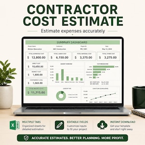 Peut inclure: Un écran d'ordinateur portable affichant un tableau de bord de résumé des coûts de projet avec des graphiques, des tableaux et des données financières en vert et blanc. L'interface comprend des sections pour le nom du projet et les coûts.