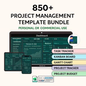 May include: A digital project management template bundle with over 850 templates. The image shows a dashboard on a tablet, a phone, and a tablet, with options for task tracking, Kanban boards, Gantt charts, and project budgets.