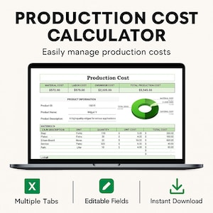 Sjabloon productiekosten Excel en Google Spreadsheets | Arbeids-, materiaal-, overhead- en totale kosten per eenheid bijhouden | Bewerkbaar productieblad