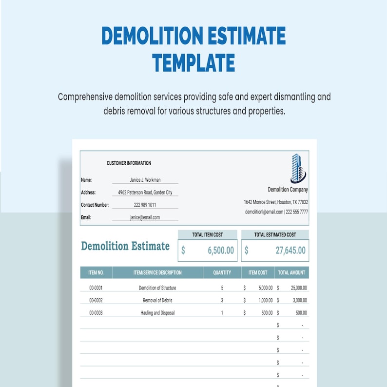 Demolition Estimate Template • Excel & Google Sheets • Contractor Bid ...