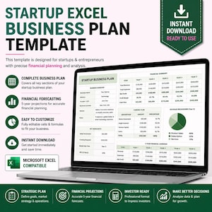 May include: A laptop displaying a Startup Excel Business Plan Template with financial summary tables, funding plans, and a revenue breakdown pie chart. The screen shows sections for business overview, key highlights, and a 5-year financial overview.