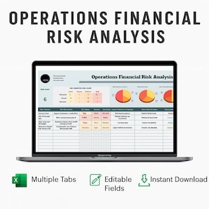 Plantilla de análisis de riesgo financiero de operaciones • Hojas de cálculo de Excel y Google • Panel de evaluación de riesgos • Herramienta de seguimiento de riesgos financieros