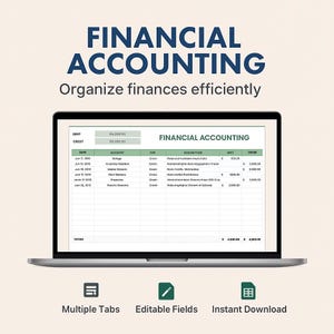 Könnte beinhalten: Ein Laptop zeigt eine Finanzbuchhaltungs-Tabelle mit dem Titel "FINANCIAL ACCOUNTING". Die Tabelle enthält Spalten für Datum, Konto und Beschreibung. Darunter befinden sich Symbole für mehrere Registerkarten, editierbare Felder und Sofort-Download.