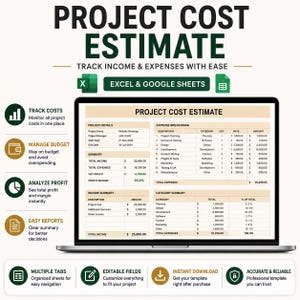 Pode incluir: Um modelo digital de estimativa de custos de projeto para Excel e Google Sheets exibido na tela de um laptop. A interface apresenta seções para detalhes do projeto, detalhamento de despesas, resumo, resumo de renda e resumo de categorias.