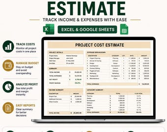 Plantilla de estimación de costos de proyectos en Excel y Google Sheets • Calculadora de presupuestos de construcción y servicios • Formulario de hoja de cálculo para presupuestos de proyectos