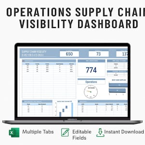 May include: A laptop displaying a supply chain visibility dashboard. The screen shows data visualizations, charts, and numerical data. Text on the screen includes "OPERATIONS SUPPLY CHAIN VISIBILITY DASHBOARD", "Multiple Tabs", "Editable Fields", and "Instant Download".