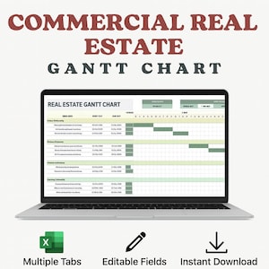 Pode incluir: Um laptop exibindo um gráfico de Gantt imobiliário, com o texto "Commercial Real Estate Gantt Chart" no topo. A imagem também inclui ícones para várias abas, campos editáveis e download instantâneo.