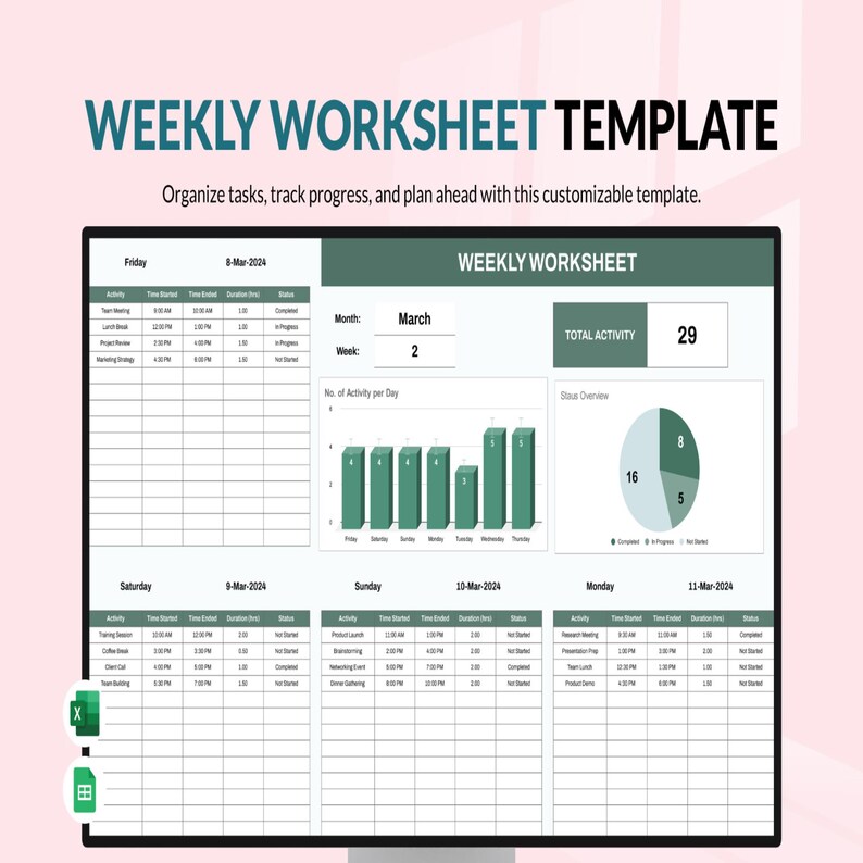 Weekly Worksheet Update Weekly Worksheet Template Excel Google Sheets | Productivity Planner ...