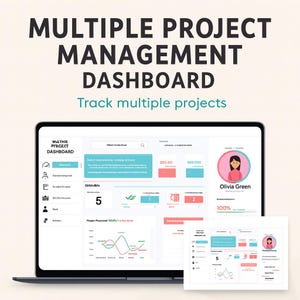 May include: A laptop screen displaying a project management dashboard with the text "MULTIPLE PROJECT MANAGEMENT DASHBOARD" and "Track multiple projects." The interface includes charts, graphs, and user profiles. The color scheme is primarily teal, pink, and white.