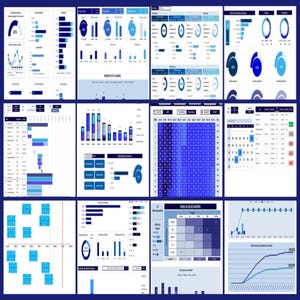 Peut inclure: Un tableau de bord de gestion de projet num&eacute;rique compos&eacute; de douze panneaux distincts affichant diverses visualisations de donn&eacute;es, notamment des graphiques &agrave; barres, des diagrammes circulaires, des cartes thermiques et des suivis de progression.
