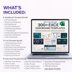 Peut inclure: Un ordinateur portable affichant un ensemble tout-en-un de plus de 300 mod&egrave;les de tableaux de bord Excel. L'&eacute;cran pr&eacute;sente divers graphiques. Le texte liste les &eacute;l&eacute;ments inclus comme les tableaux de bord RH, finance, marketing et ventes.