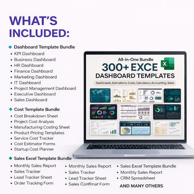 Peut inclure: Un ordinateur portable affichant un ensemble tout-en-un de plus de 300 mod&egrave;les de tableaux de bord Excel. L'&eacute;cran pr&eacute;sente divers graphiques. Le texte liste les &eacute;l&eacute;ments inclus comme les tableaux de bord RH, finance, marketing et ventes.