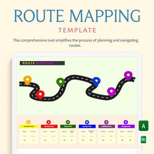 Puede incluir: Una plantilla digital de mapeo de rutas mostrada en una tableta. El diseño presenta una carretera negra sinuosa con marcadores de ubicación coloridos. El texto incluye "ROUTE MAPPING" y "TEMPLATE", junto con una descripción.