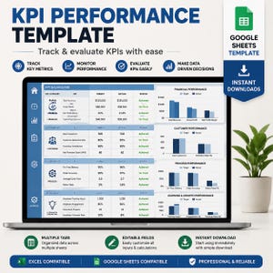 May include: A digital KPI performance template displayed on a laptop screen, featuring organised data tables and bar charts for financial, customer, process, and learning metrics. The interface includes categories, targets, actuals, and status indicators.