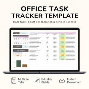 May include: A laptop displays an office task tracker template. The screen shows a spreadsheet with columns for tasks, dates, and progress. Text on the screen reads "OFFICE TASK TRACKER TEMPLATE" and "Track tasks, boost collaboration & achieve success."