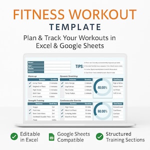 以下が含まれることがあります： フィットネスワークアウトのテンプレートが表示されたラップトップの画面。テンプレートには、ウォーミングアップ、ダイナミックストレッチ、筋力トレーニング、心血管運動のセクションが含まれています。画面のテキストは「ExcelとGoogle Sheetsでワークアウトを計画し、追跡する」と表示されています。