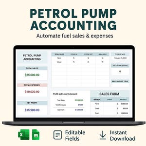 May include: A laptop screen displays a petrol pump accounting template. The screen shows sales, expenses, and profit figures, along with a sales form. The text "PETROL PUMP ACCOUNTING" is at the top. Icons for Excel files, editable fields, and instant download are also visible.
