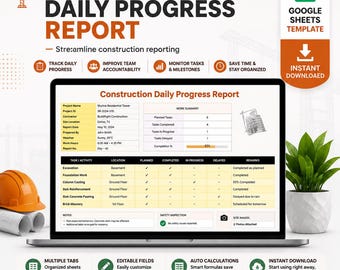 Puede incluir: Una plantilla digital de informe de progreso diario de construcción para Google Sheets en una pantalla de portátil. La interfaz muestra detalles del proyecto, una tabla de resumen de trabajo, registros de tareas y estado de inspección.
