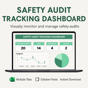 May include: A laptop displays a "SAFETY AUDIT TRACKING DASHBOARD" with data visualizations. The dashboard shows the total number of audits, open, in progress, and closed audits. Additional features include multiple tabs, editable fields, and instant download.
