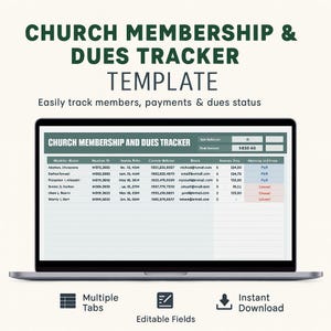 Church Membership & Dues Tracker Template | Donation Log, Tithe Record Spreadsheet, Google Sheets and Excel Finance Management