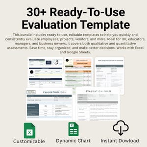 Puede incluir: Imagen que muestra plantillas de evaluación con el texto "30+ Ready-To-Use Evaluation Template". La imagen incluye varios formularios, iconos para personalización, gráficos dinámicos y descarga instantánea. Las plantillas son para evaluaciones.