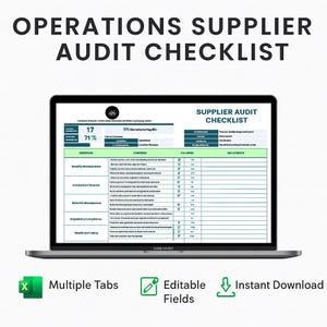 Puede incluir: Una computadora portátil muestra una "Lista de verificación de auditoría de proveedores" con tablas de datos y el título "Lista de verificación de auditoría de operaciones". Los iconos debajo de la computadora portátil indican "Múltiples pestañas", "Campos editables" y "Descarga instantánea".