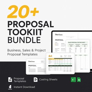May include: A digital product bundle with the text "20+ PROPOSAL TOOKIIT BUNDLE" in black and yellow. The bundle includes proposal templates, costing sheets, and an instant download option. The image shows a laptop and tablet with proposal documents.