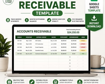 Plantilla de Cuentas por Cobrar en Excel y Google Sheets: Libro Mayor de Cuentas por Cobrar, Seguimiento de Facturas, Lista de Clientes, Estado de Pagos, Informe de Antigüedad, Editable
