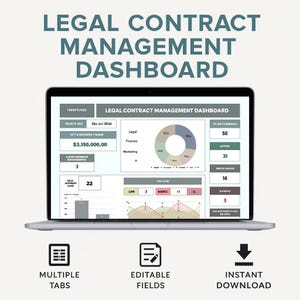 May include: A laptop displaying a legal contract management dashboard with charts, graphs, and data. The screen shows financial figures, a pie chart, and various data points. The text on the screen reads "Legal Contract Management Dashboard". Icons below the laptop indicate multiple tabs, editable fields, and instant download.