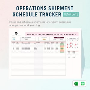 Puede incluir: Un documento blanco titulado "OPERATIONS SHIPMENT SCHEDULE TRACKER TEMPLATE" con un encabezado rosa. El documento incluye una tabla con columnas para el seguimiento de envíos, fechas y otros datos relevantes. También es visible el texto "Tracks and schedules shipments for efficient operations management and planning".
