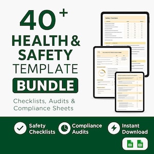 Peut inclure: Graphique numérique promouvant un ensemble de modèles de santé et de sécurité. L'image présente quatre tablettes affichant des listes de contrôle et des formulaires d'audit. Le texte comprend "40+ Health & Safety Template Bundle" et "Checklists, Audits & Compliance Sheets."