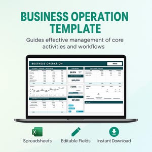 May include: A laptop displaying a business operation template with the text "BUSINESS OPERATION TEMPLATE". The screen shows spreadsheets, charts, and financial data. Icons below the laptop read "Spreadsheets", "Editable Fields", and "Instant Download".