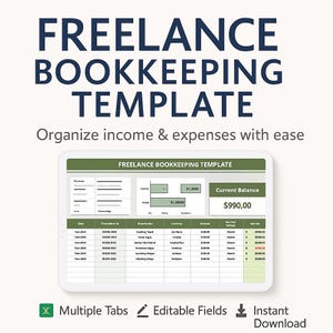 Freelance Bookkeeping Template for Excel & Google Sheets | Income Expense Tracker | Budget Ledger | Finance Log | Cash Flow Spreadsheet